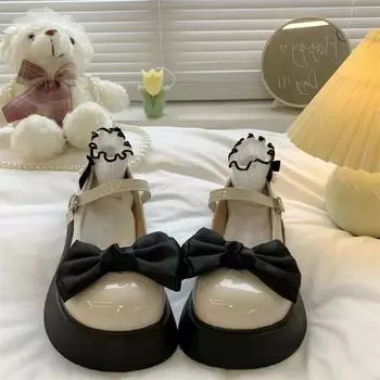 Пряжка из одного слова с круглым бантом и мелким зевом. Маленькие кожаные туфли для женщин. Jk Sweet And Cool. Туфли Mary Jane с мелким зевом. Весна. 35