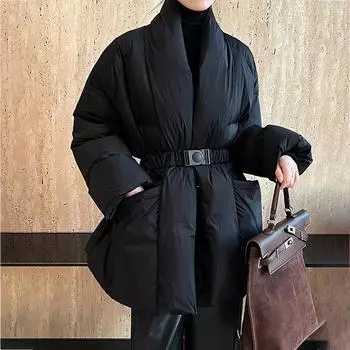 Пряжка на ремне, средняя и длинная куртка-пуховик для женщин 2024 года, зимняя мода, тонкая талия, утолщенная куртка с V-образным вырезом, прилив Average size 90-70 kg белый