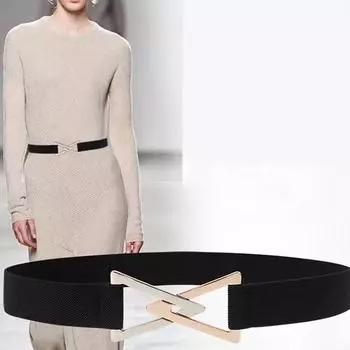 Пряжка поясной ремень для женщин, эластичный пояс украшение платье, костюм, эластичный пояс, и универсальный, модный поясной уплотнитель One Size чёрный