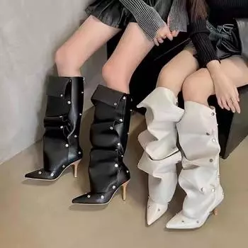 Пряжка Willow Nail Splicing Two Wear Stiletto High Heels Boots Cowboy Fold Stacked Boots Female Personality Spicy Girl Fashion Long Boots Female 35 чёрный