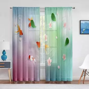Пруд Золотая рыбка Цветы Листья Красочные прозрачные занавески для гостиной Спальня Вуаль Драпировка Кухня Окно Тюлевые шторы Домашний декор 1 PCS W100XH250cm&Rod Pocket