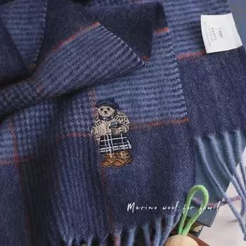 Prussian Blue Bear Women s Plaid Scarf, 100% Australian Wool, Winter Gift for Boyfriend One Size