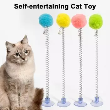 Пружинная дразнилка для кошек с плюшевой шариковой присоской и нижней палочкой, игрушечная палочка для кошек с колокольчиком, развлечения для домашних кошек светло-зеленый