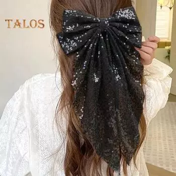 Пружинная заколка для волос с блестками, многослойная заколка-бантик для волос для женщин и девочек, сверкающая, большая, длинная, стильная декоративная заколка для волос серебряный