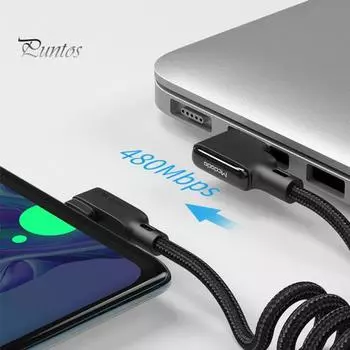 Пружинный зарядный кабель с двойным коленом QC4.0, эластичный шнур передачи данных типа C для быстрой зарядки 3A для автомобиля чёрный