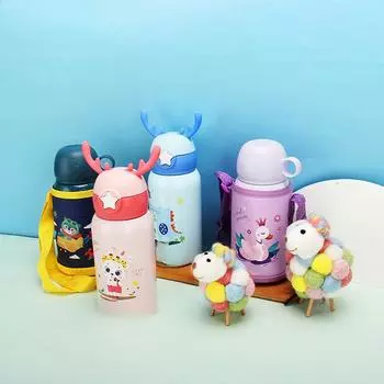 Прыгающая соломинка из рога из нержавеющей стали 304 с набором чашек, милая детская кружка с героями мультфильмов. 500ml