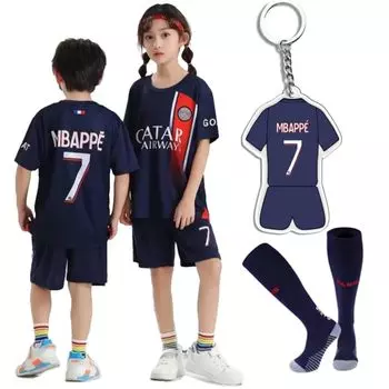 PSG Mbappe Kids Replica Uniform Paris Saint Germa Home, верхние и нижние носки, комплект из 3 предметов с бонусом в виде брелока (160) [Элемент]