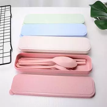 Пшеничная солома Столовая посуда Палочки для еды Вилка Ложка Три предмета Подарочный портативный дорожный палочки для еды Вилка Ложка Столовый набор 1pcs синий