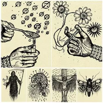 Психоделическая музыка и зелье, цветок, ретро, настенное искусство, печать на холсте, абстрактный хэви-метал, демон, художественный постер 21cm30cm NoFrame