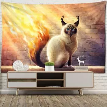 Психоделический гобелен с голубыми глазами и кошкой, настенный гобелен с животными в стиле бохо, мистический колдовство, общежитие, гостиная, художественный домашний декор, ткань 95x70cm