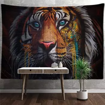 Психоделический гобелен с тигром и львом, настенный гобелен в стиле хиппи, тапиз, искусство, мистическая абстрактная стена, общежитие, гостиная, домашний декор 95x70cm