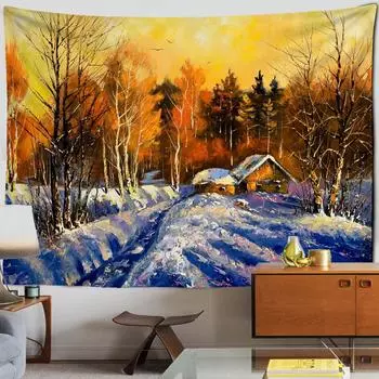 Психоделический лесной гобелен, картина маслом, кедровая снежная сцена, иллюстрация, настенная подвеска для спальни, эстетическое украшение, домашний декор 100X75CM