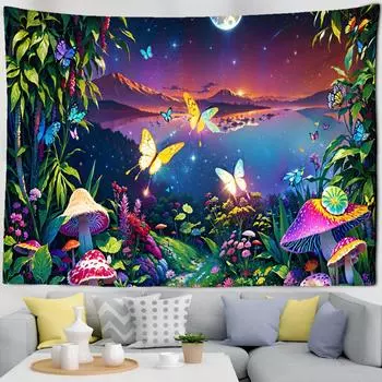 Психоделический лесной гобелен с бабочками, настенный подвесной абстрактный гриб, минималистичный колдовство, хиппи, общежитие, домашний декор 95x70CM