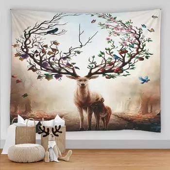 Психоделический лесной настенный гобелен, украшение, гобелен с изображением северного оленя и лося, пляжный коврик для йоги, одеяло, настенный гобелен для стола 100X75CM