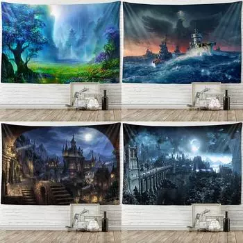Психоделический лесной замок гобелен Сказка аниме настенный хиппи колдовство домашний декор кавайный декор общежития гобелен 100x75cm