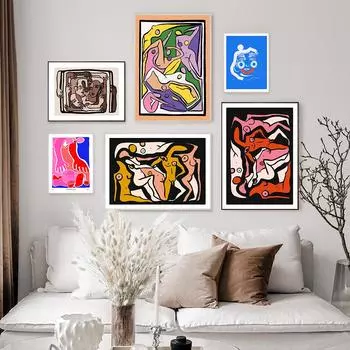 Психоделический плакат с принтом в нюдовом цвете, креативный блок, абстрактное лицо, холст, картина, скандинавская ретро настенная художественная картина, домашний декор для гостиной 21cm30cm NoFrame