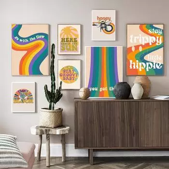 Психоделический ретро 70-х годов Бохо Арт Плакат Хиппи Радуга Фанки Печать Холст Картина Красочная Цитата Типографика Тексты песен Настенные Картины 21x30cm No Framed
