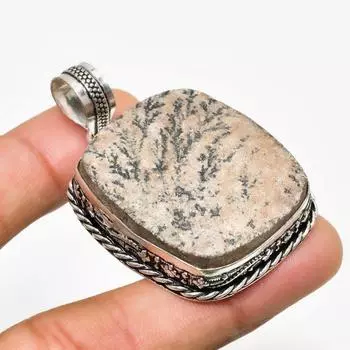 Псиломелан Дендритный драгоценный камень 925 пробы с серебряным покрытием Ювелирный кулон 1,89 дюйма 1.89 коричневый