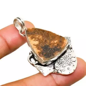 Псиломелан Дендритный драгоценный камень 925 пробы с серебряным покрытием Ювелирный кулон 1,89 дюйма 1.89 коричневый