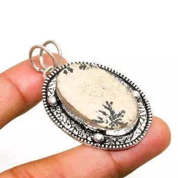 Псиломелан Дендритный драгоценный камень 925 пробы с серебряным покрытием Ювелирный кулон 1,89 дюйма 1.89 коричневый