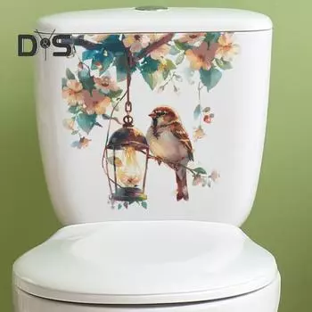 Птица Фонарь Цветок Наклейка на Туалет Съемная Самоклеящаяся Водонепроницаемая ПВХ Гостиная Стена Искусство Ванная Комната Крышка Унитаза Украшение Наклейка розовый
