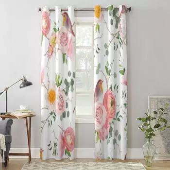 Птица и персиковый букет роз, оконная занавеска для детской комнаты, домашние жалюзи, шторы для гостиной, спальни, оконные шторы 135W x 60H(cm) x1