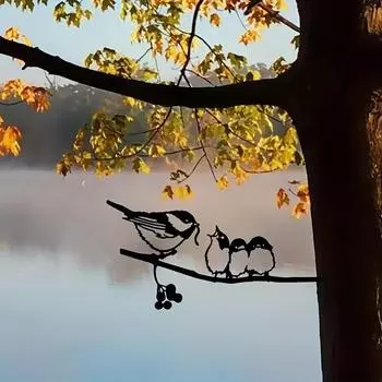 Птица-мать и три птенца, украшение металлического забора, очаровательная сцена из веток дерева, идеально подходит для сада фермерского дома и наружного декора чёрный