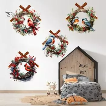 Птичья ягода венок туалетная наклейка Съемный самоклеящийся водонепроницаемый ПВХ Гостиная Спальня Ванная комната Wall Art Животное Листья Ветка Украшение Наклейка