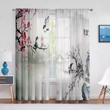 Птицы на ветке вишни, картина тушью, тюлевые шторы-вуали для спальни, оконные занавески для гостиной, прозрачные шторы, шторы 1 PCS W100XH250cm&Rod Pocket