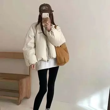 PU Американский пух хлеб одежда женская зимняя мода 2024 года брендовый дизайн sense letter белый утиный пух утолщенный пальто One Size коричневый