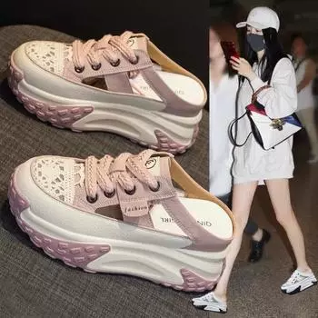 PU Baotou Inner Heightening Half Slippers Женская летняя верхняя одежда с толстой подошвой и отверстиями белого цвета 39 розовый