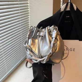 Pu Bucket Bag, Fashion Shoulder Bag, Simple Texture, Handbag, Niche Versatile, Study Shoulder Bag, Commuter Bag серебряный