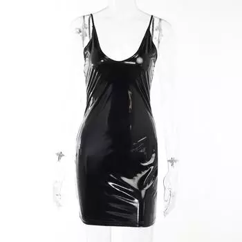 Pu Dress Fashion 2023 New Arrival Spring Tight Elegant Sexy Leather Skirt Low Cut Black Solid Color Dress Black S