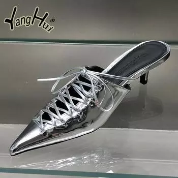 PU Европа и Америка Стиль Сексуальные Изящные Туфли На Высоком Каблуке Женские Тапочки 2024 Новые Модные Однотонные Полые Сандалии Лето 35 серебряный