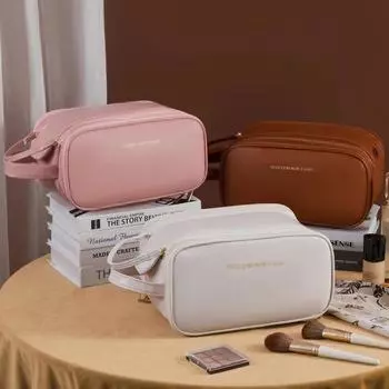 PU Fahsion Women Tote Cosmetic Bag Portable Double Zipper Luxury Makeup Storage Bags Ladies Large Capacity Travel Toiletry Bag 28x16x14.5cm коричневый