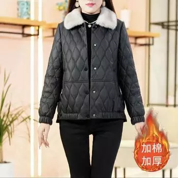 ПУ кожа поверхность пух хлопковая одежда женская кожаная куртка куртка женская 2024 осень и зима новый хлопок утолщенный хлопок одежда свободная M recommends within 50kg