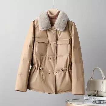 ПУ кожа пуховик хлопок женская зимняя новая мода талия тонкий искусственный меховой воротник норка утолщенный короткий маленький кожаный жакет S чёрный