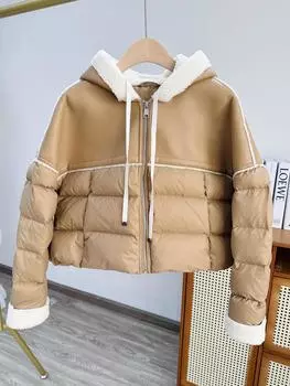 pu кожа сращивание контрастного цвета с капюшоном модный маленький пуховик женский короткий свободный теплый куртка зима прилив S recommends within 57.5 kg хаки