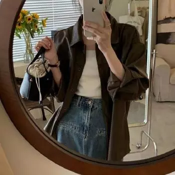 PU кожаная куртка средней и длинной длины женская 2025 новая американская куртка-локомотив со свободными лацканами кожаная куртка M коричневый