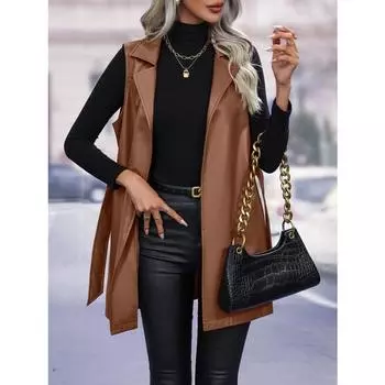 PU кожаный кардиган лямки жилет куртка женская осенняя лацкан темперамент жилет для поездок на работу куртка женская верхняя одежда изящная S темно-коричневого