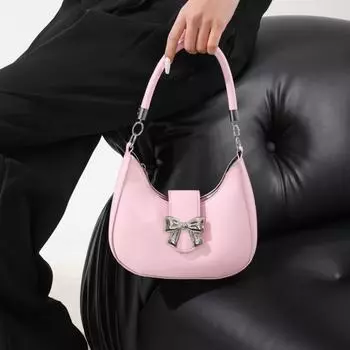 PU Leather Dumpling Shoulder Bag Bow Half-moon Handbag Sweet Bowknot Crossbody Bag Outdoor
