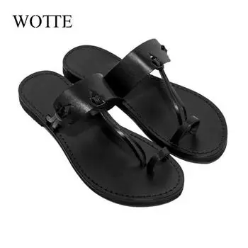 PU Leather Flip Flops Men Summer Flat Shoes Outside Beach Sandals Cool Female Soft Sole Slides Casual Couple Shoes Clip Toe 35 чёрный