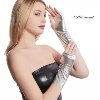 PU Leather Gloves Female Black Sexy Disco Dancing Star and Internet Celebrity Women s Team Dancing Performance Soft Bright Leather Gloves Long Cos Silver pu about 23cm All yards