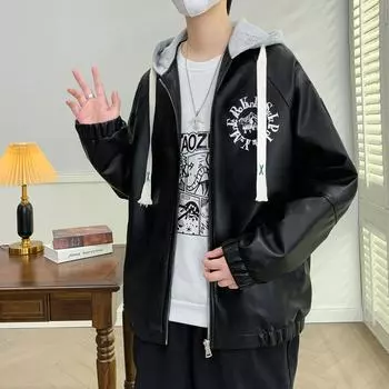 PU Leather Jacket Autumn New Men s Trend Versatile Loose Hooded Leather Jacket M