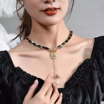 PU Leather Letter OT Buckle Y Necklace Clavicle Chain for Women Accessories