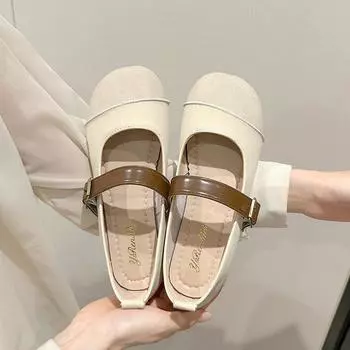 Pu Leather Mary Jane Shoes Woman Retro Buckle Belt Ballet Flats Ladies Vintage Casual Soft Loafers Lolita 35 бежевый