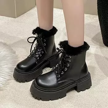 Pu Leather Motorcycle Boots Women Winter Faux Fur Waterproof Warm Snow Boots Woman Lace-Up Platform Plush Ankle Botas De Mujer 35 бежевый