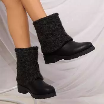 Pu Leather Waterproof Snow Boots Women 2024 Winter Faux Fur Platform Ankle Boots Woman Thick Bottom Fluffy Furry Cotton Shoes 36 чёрный