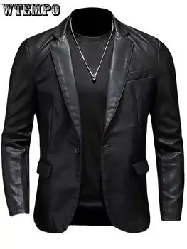 ПУ пиджак для нового поколения мужчин повседневная куртка из искусственной кожи с карманом-клапаном на пуговицах подходит для повседневной носки идеальный подарок для модных парней M чёрный