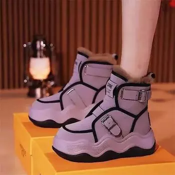 ПУ плюшевые мягкие зимние ботинки женские 2024 новые массивные зимние ботинки для женщин хлопковые женские теплые модные повседневные ботинки на шнуровке до щиколотки 35 фиолетовый